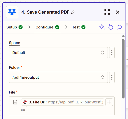 Zapier Google Drive 上传文件步骤，文件内容映射自 PDF4me 输出和动态文件夹路径